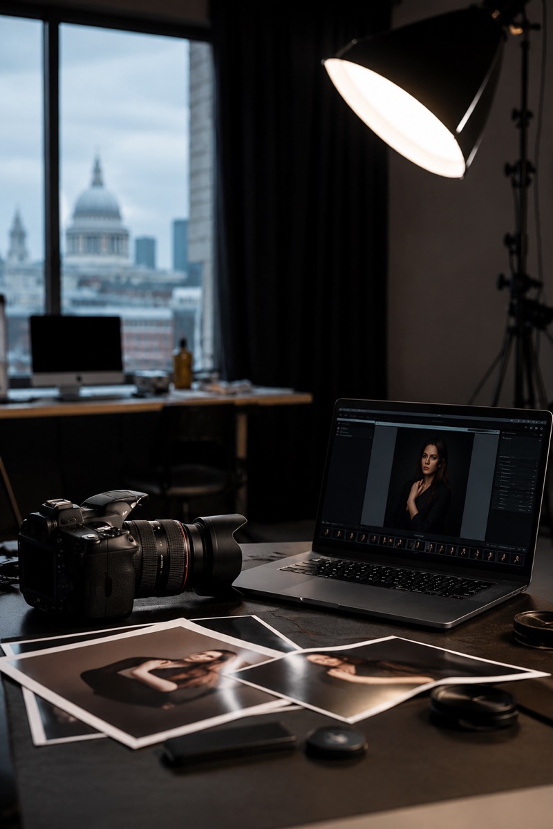 TLMK Studio photography workspace with camera, editing laptop, studio light, and printed portraits
